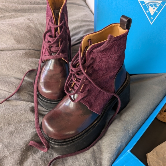 John Fluevog Shoes - John Fluevog Women's Lace-Up Platform Boots in Burgundy and Black